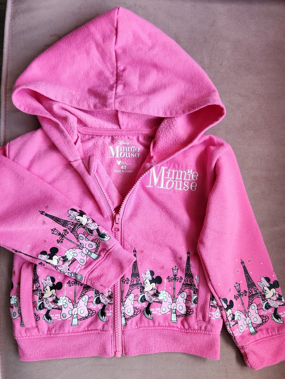 Disney Minnie Mouse Pink Hooded Zip Jacket with Paris Print, 4T